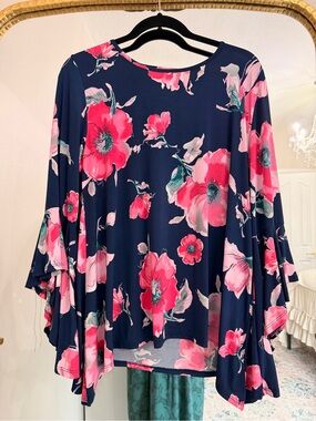 MOA USA Navy Top with Pink Floral Bell Sleeves